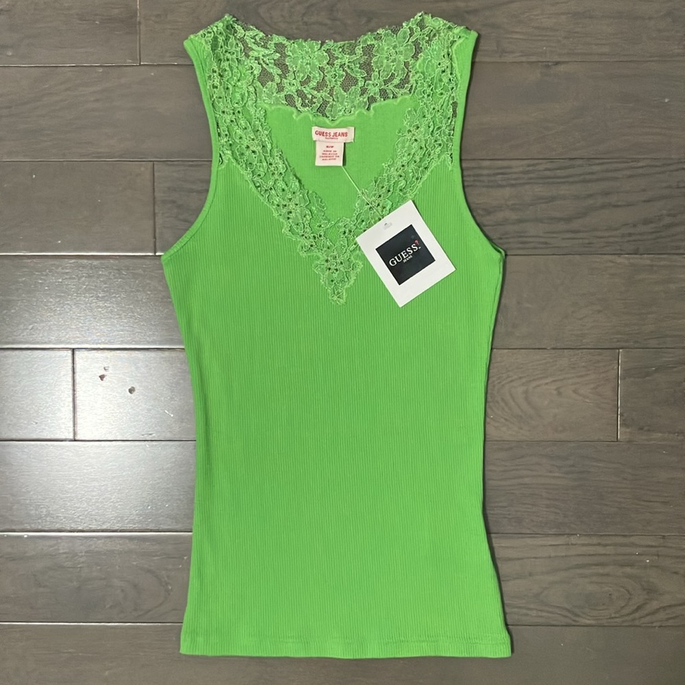 NWT Y2K Vintage Guess Jeans Ribbed Tank Top with Lace and Beading Detail Size S